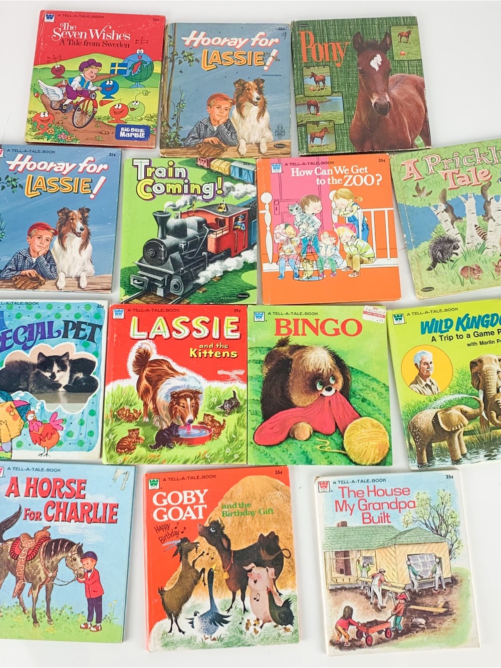 13 Rare Vintage Children book Lot Whitman Tell a tale Lassie Train Zoo Goby GOAT